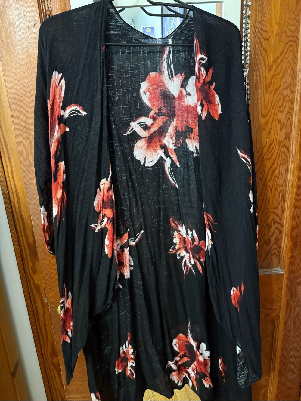 Women's Black Floral Swim Coverup - Lightweight Open Kimono